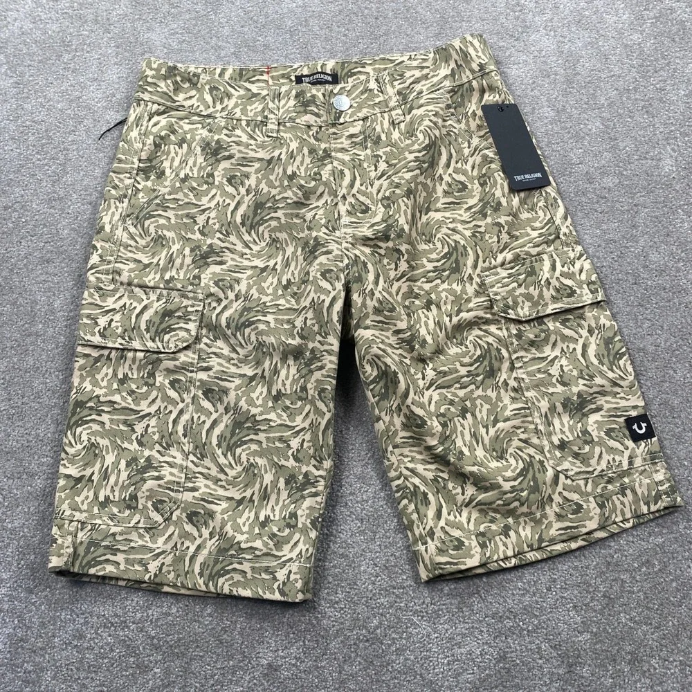 True Religion Cargo Shorts Mens 30 Green Swirl Camo Utility Streetwear Pockets